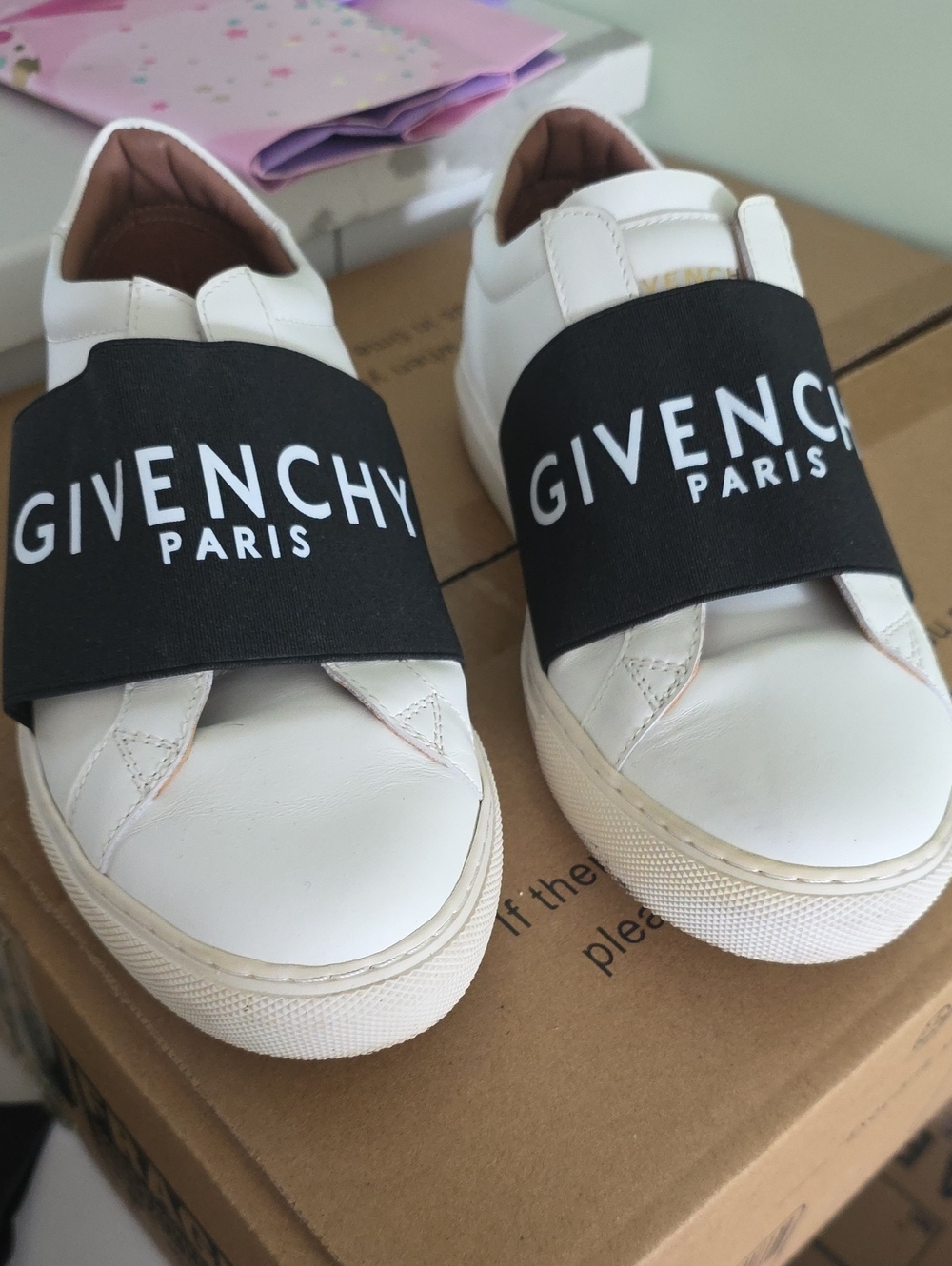 Givenchy White Leather Slip-Ons with Black Logo Band